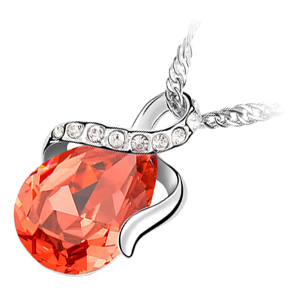 925 Sterling Silver Coated Water Drop Crystal Pendant Necklace with Ribbon and Stone Paved Design