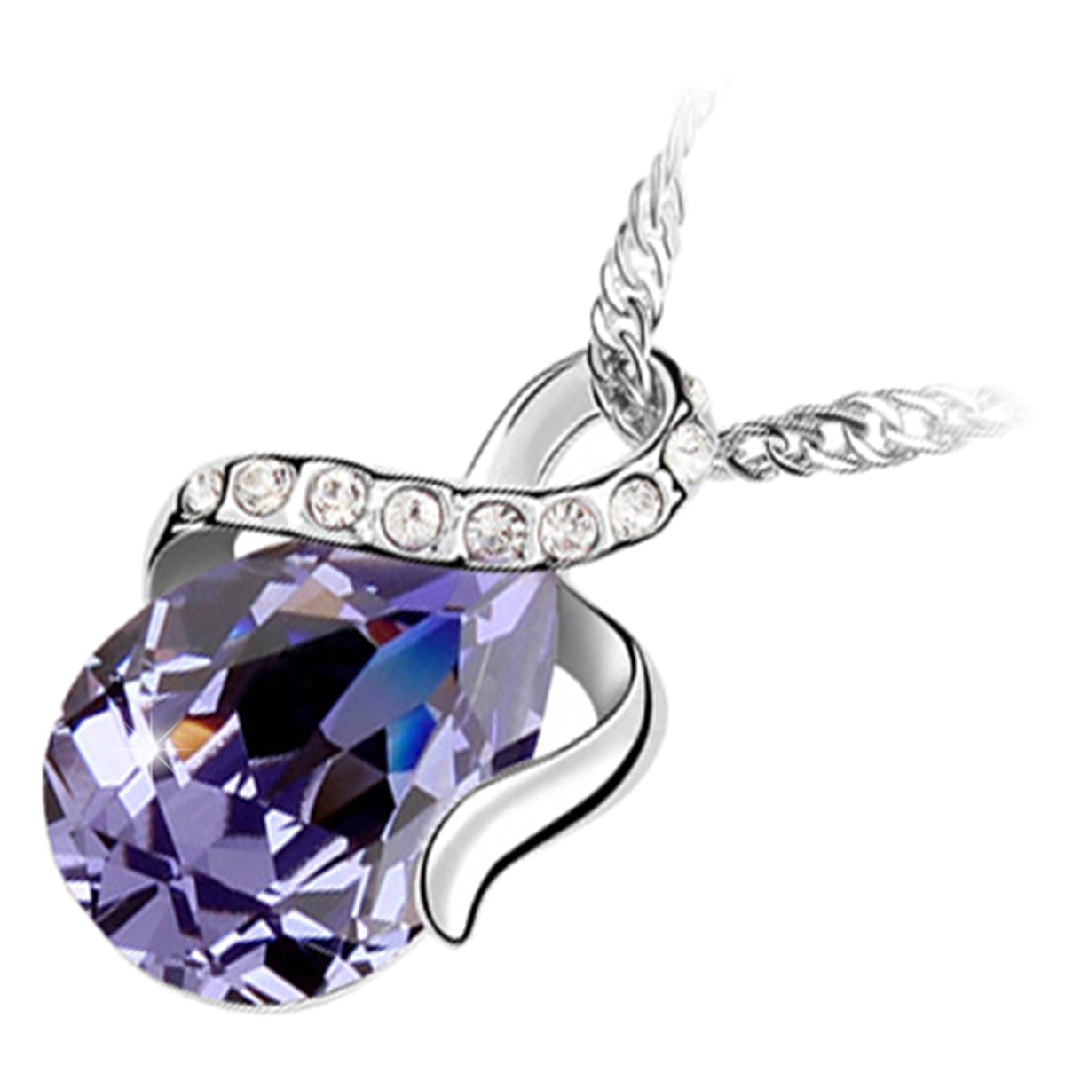 925 Sterling Silver Coated Water Drop Crystal Pendant Necklace with Ribbon and Stone Paved Design