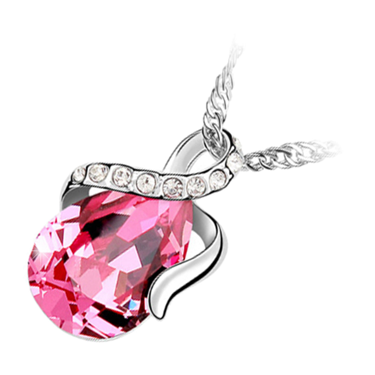 925 Sterling Silver Coated Water Drop Crystal Pendant Necklace with Ribbon and Stone Paved Design