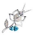 925 Sterling Silver Coated Rose Flower Pendant Necklace with Stone Embellishments and Sparkling Crystal - Turquoise Blue