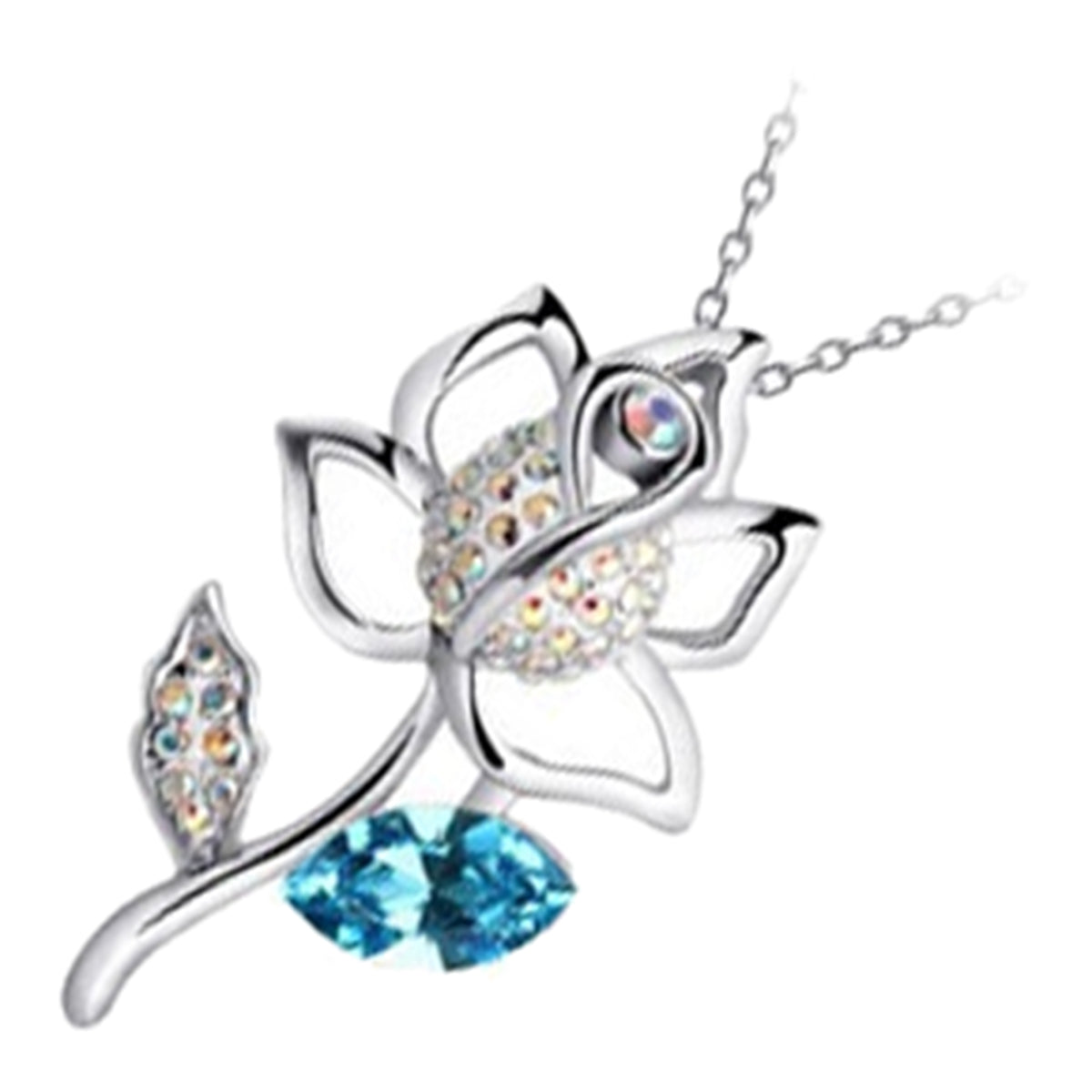 925 Sterling Silver Coated Rose Flower Pendant Necklace with Stone Embellishments and Sparkling Crystal - Turquoise Blue