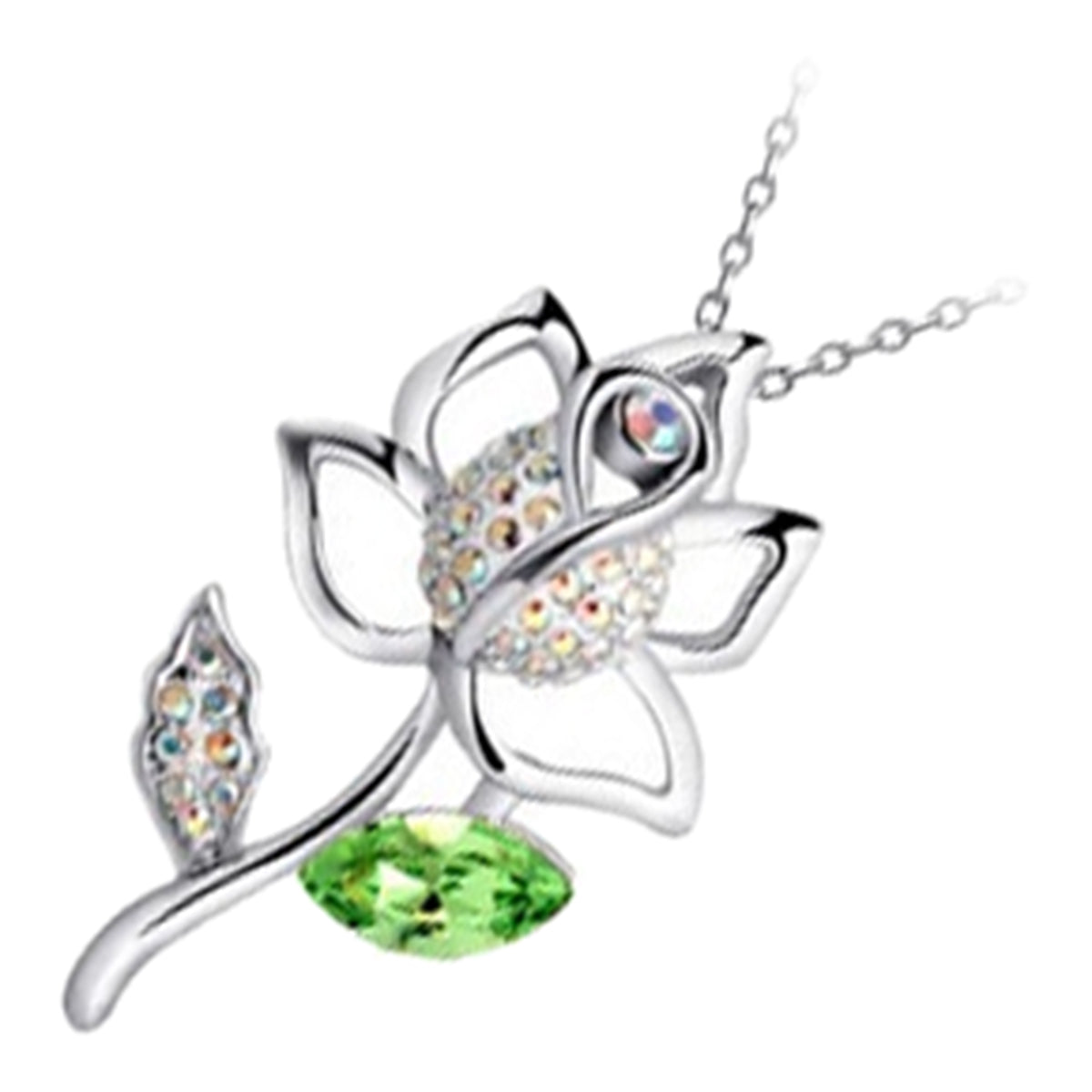 925 Sterling Silver Coated Rose Flower Pendant Necklace with Stone Embellishments and Sparkling Crystal