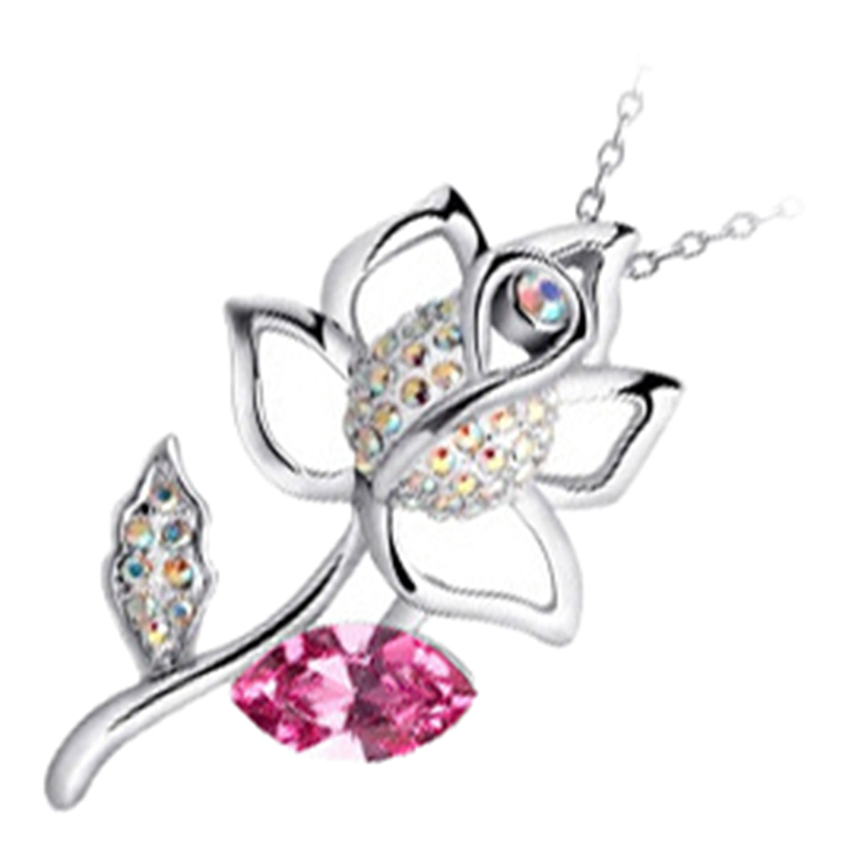 925 Sterling Silver Coated Rose Flower Pendant Necklace with Stone Embellishments and Sparkling Crystal