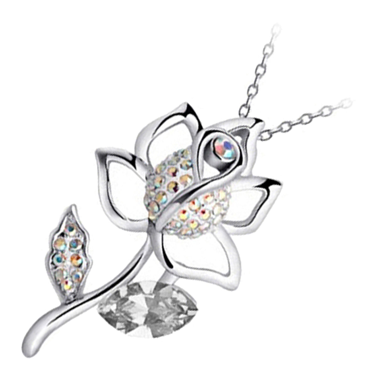 925 Sterling Silver Coated Rose Flower Pendant Necklace with Stone Embellishments and Sparkling Crystal