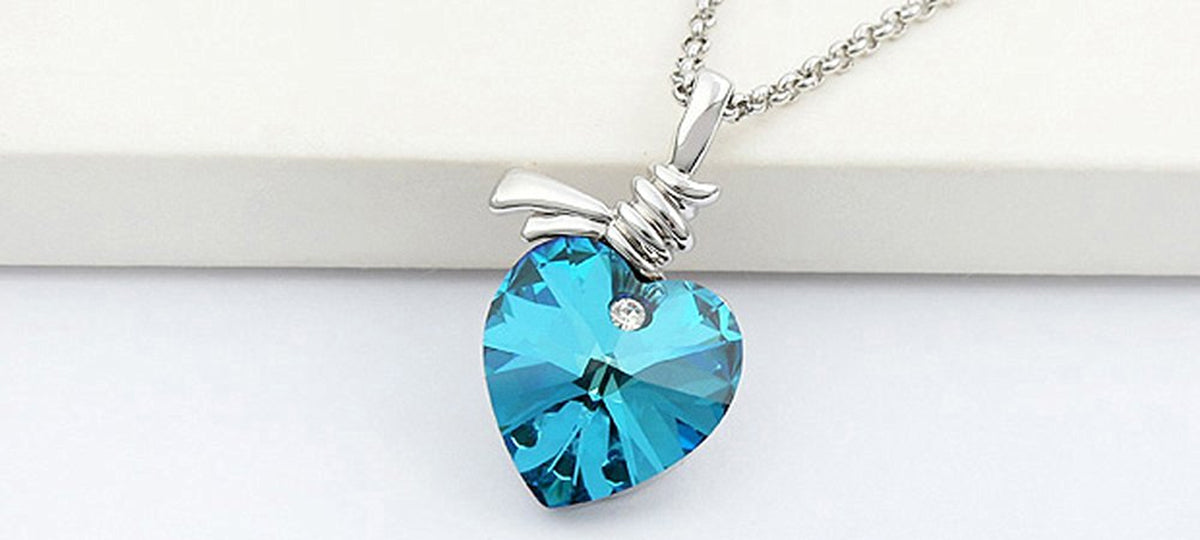 925 Sterling Silver Coated Heart Crystal Pendant Necklace with Symbolic Strings - Aquamarine Sea Blue
