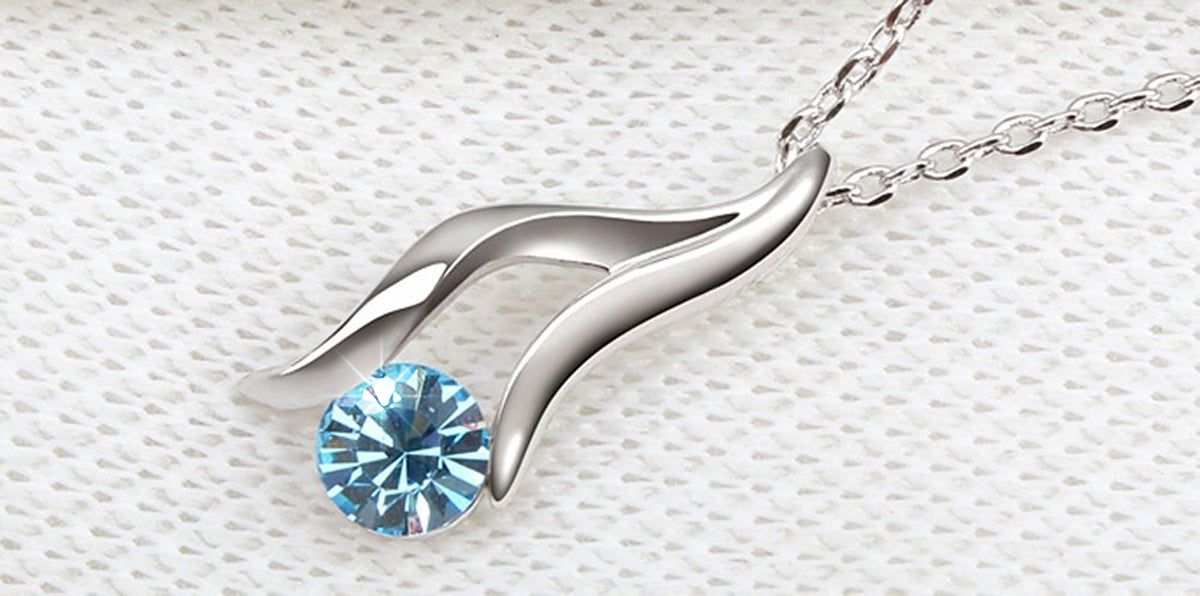 925 Sterling Silver Coated Giving Hand Pendant Necklace with Crystal - Aquamarine Sea Blue