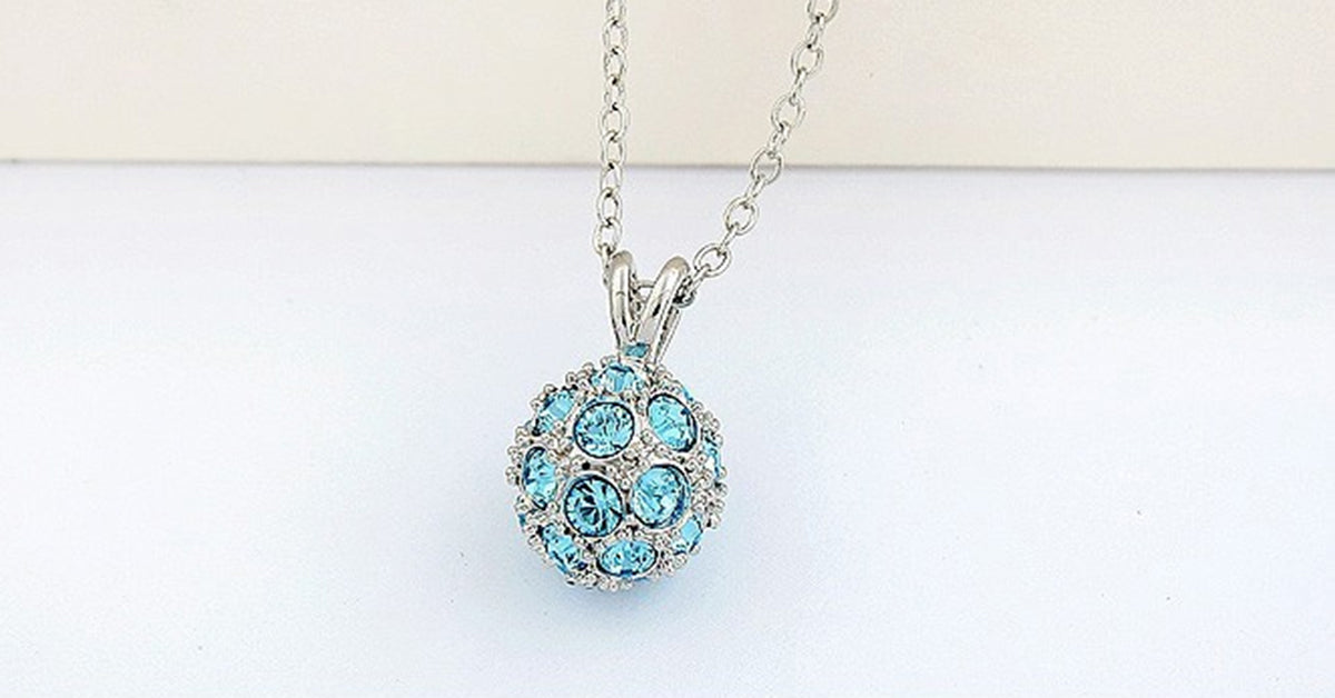 925 Sterling Silver Coated Crystal Ball Pendant Necklace with Sparkling Crystals - Turquoise Blue