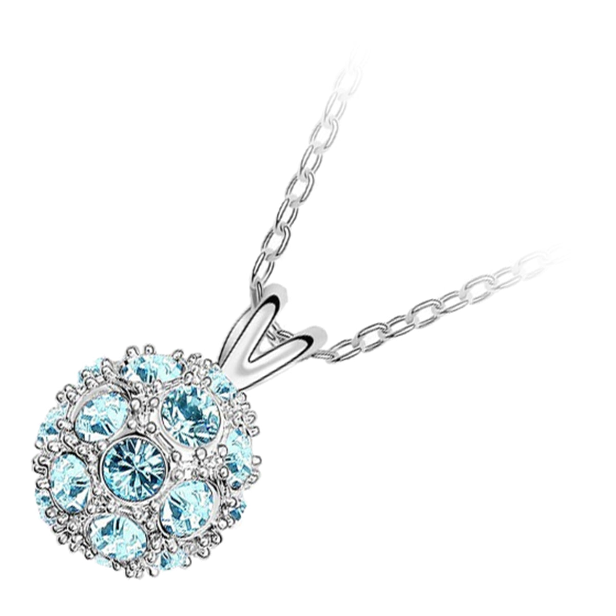 925 Sterling Silver Coated Crystal Ball Pendant Necklace with Sparkling Crystals - Turquoise Blue