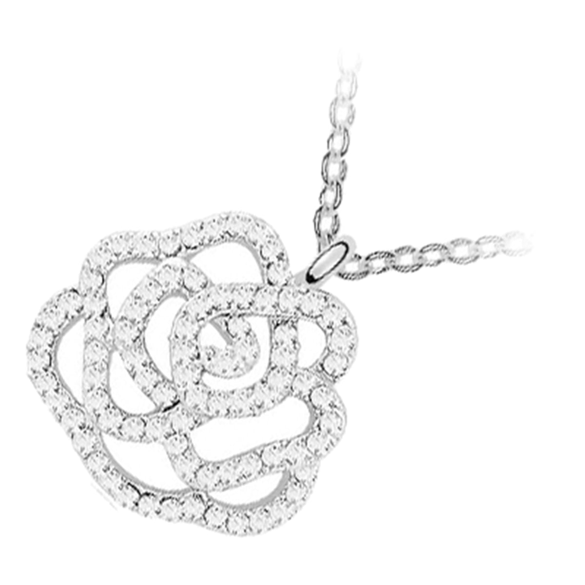 925 Sterling Silver Coated Rosebud Flower Pendant Necklace Paved with Stones