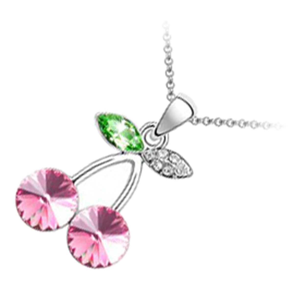 925 Sterling Silver Coated Crystal Cherry Couple Pendant Necklace with Green Stone Leaf