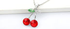 925 Sterling Silver Coated Crystal Cherry Couple Pendant Necklace with Green Stone Leaf - Ruby Red