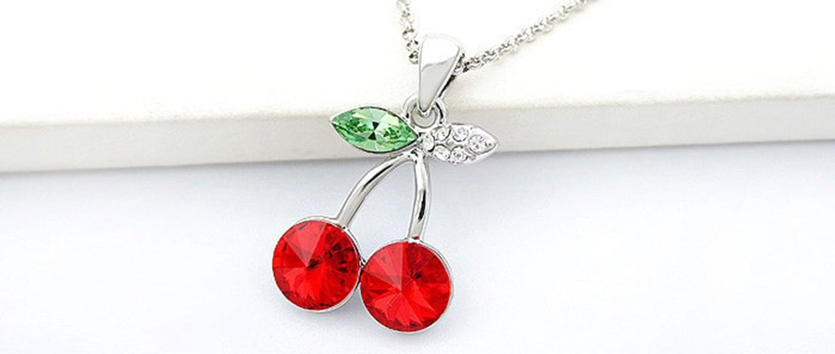 925 Sterling Silver Coated Crystal Cherry Couple Pendant Necklace with Green Stone Leaf - Ruby Red