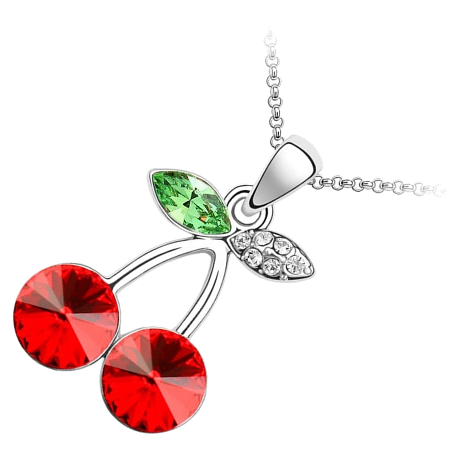 925 Sterling Silver Coated Crystal Cherry Couple Pendant Necklace with Green Stone Leaf