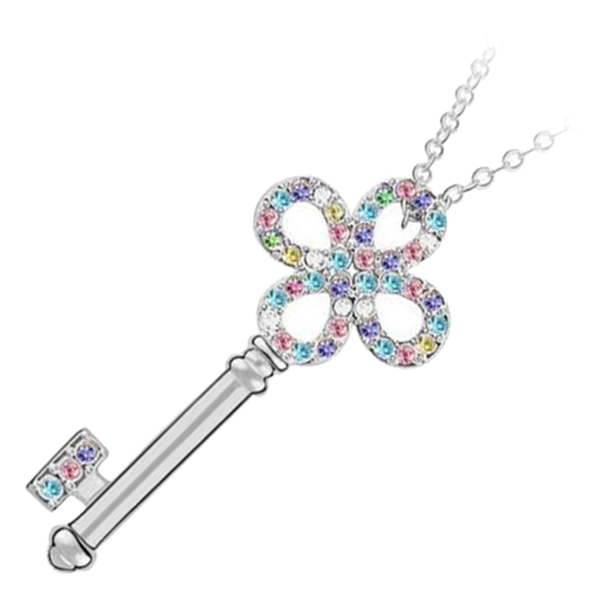 925 Sterling Silver Coated Key Pendant Necklace Jeweled with Stones