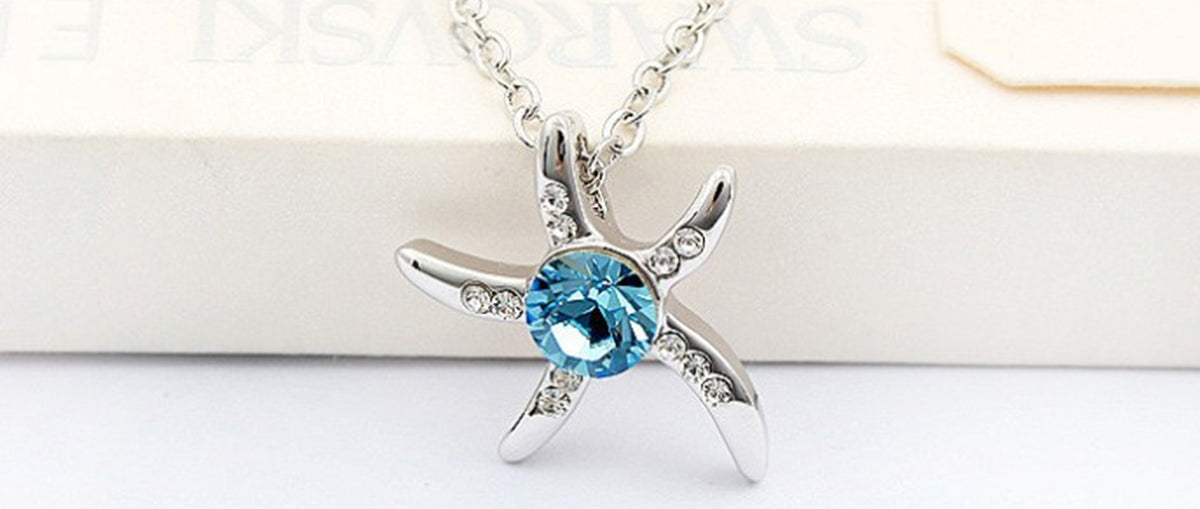 925 Sterling Silver Coated Starfish Pendant Necklace Adorned with Stone and Crystal Accents - Turquoise Blue