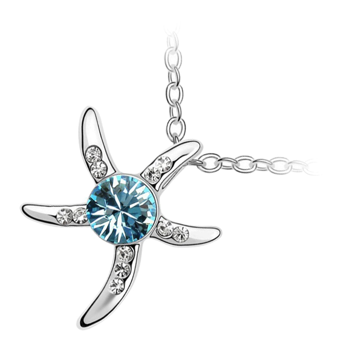 925 Sterling Silver Coated Starfish Pendant Necklace Adorned with Stone and Crystal Accents