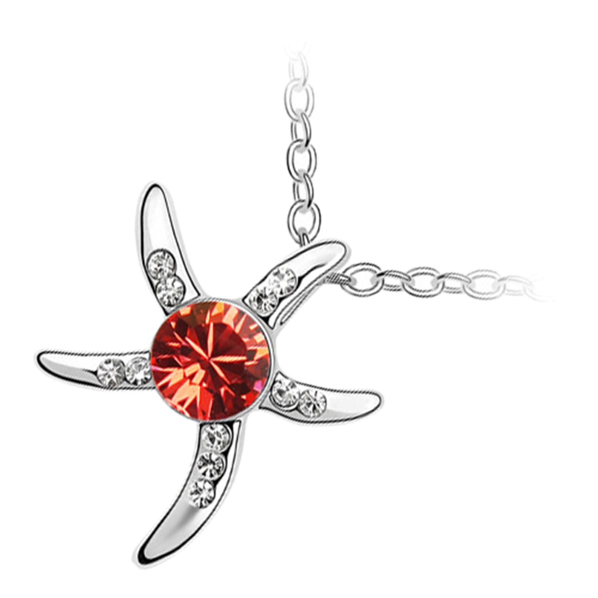 925 Sterling Silver Coated Starfish Pendant Necklace Adorned with Stone and Crystal Accents