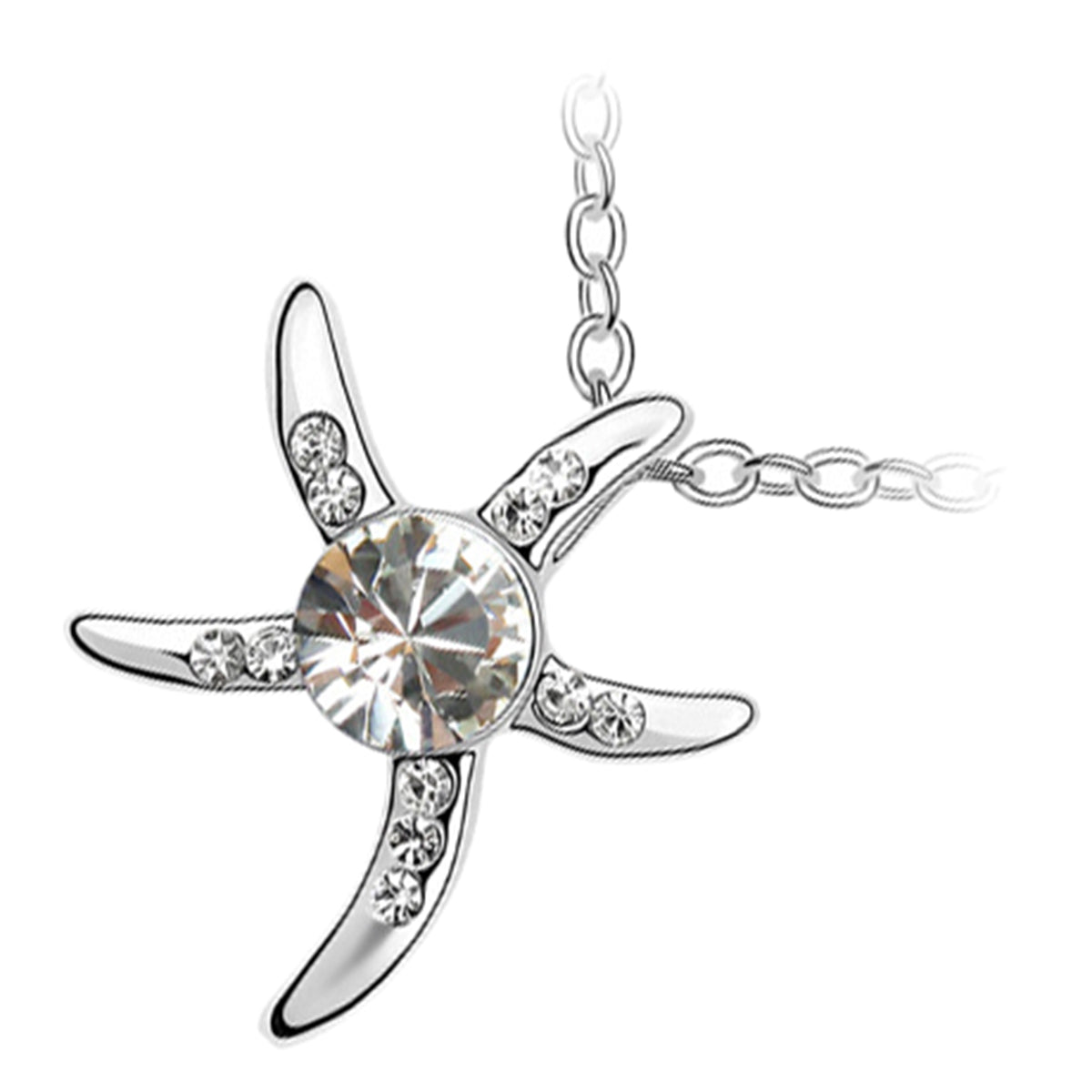 925 Sterling Silver Coated Starfish Pendant Necklace Adorned with Stone and Crystal Accents