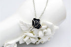 925 Sterling Silver Coated Rose Flower Pendant Necklace with White Stone Accents - Black