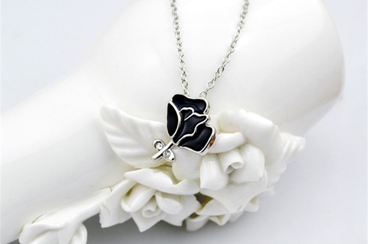 925 Sterling Silver Coated Rose Flower Pendant Necklace with White Stone Accents - Black