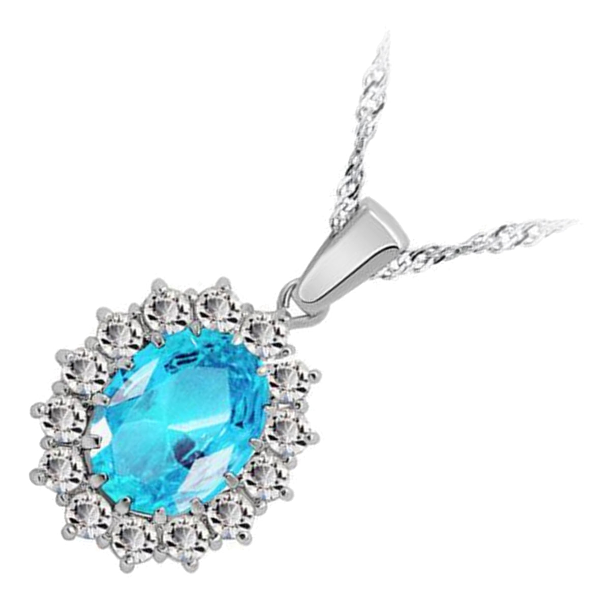 925 Sterling Silver Coated Oval Crystal Flower Pendant Necklace Adorned with White Stones