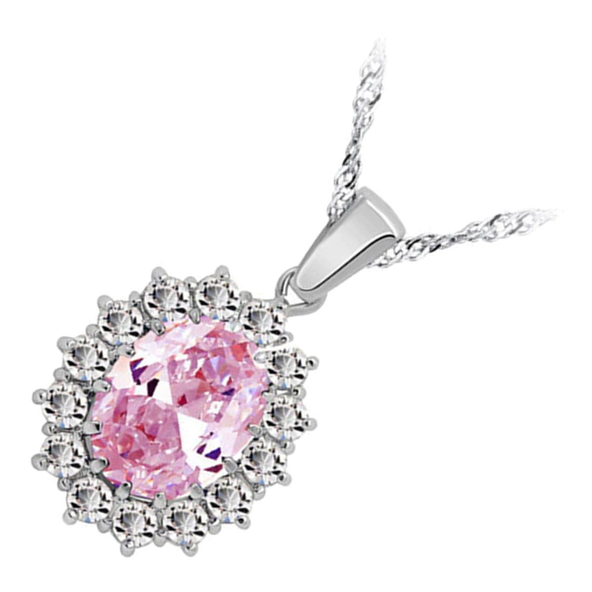 925 Sterling Silver Coated Oval Crystal Flower Pendant Necklace Adorned with White Stones