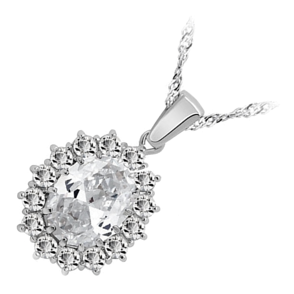 925 Sterling Silver Coated Oval Crystal Flower Pendant Necklace Adorned with White Stones