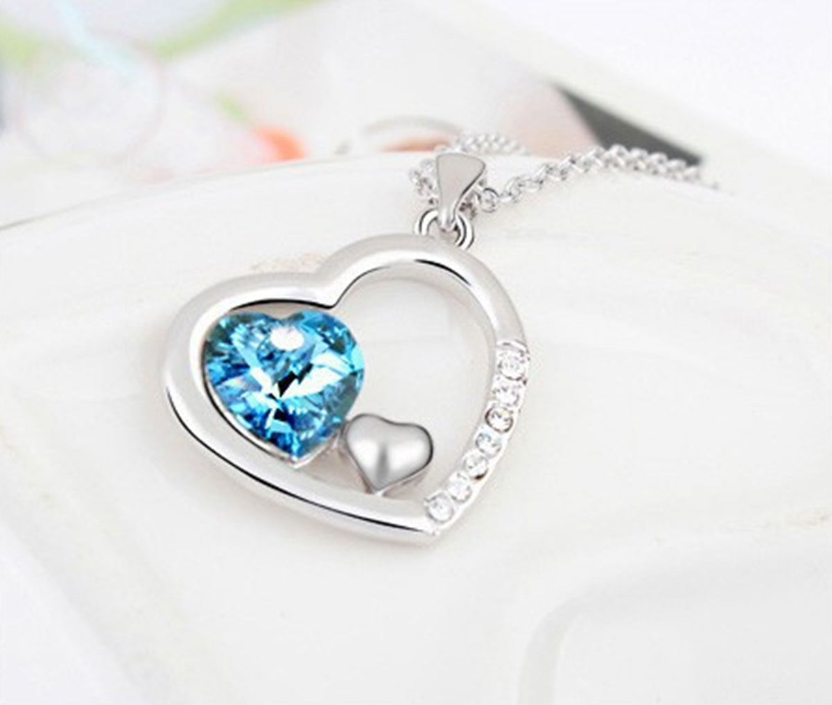 925 Sterling Silver Coated Heart Pendant Necklace with Crystal and Solid Small Heart - Turquoise Blue