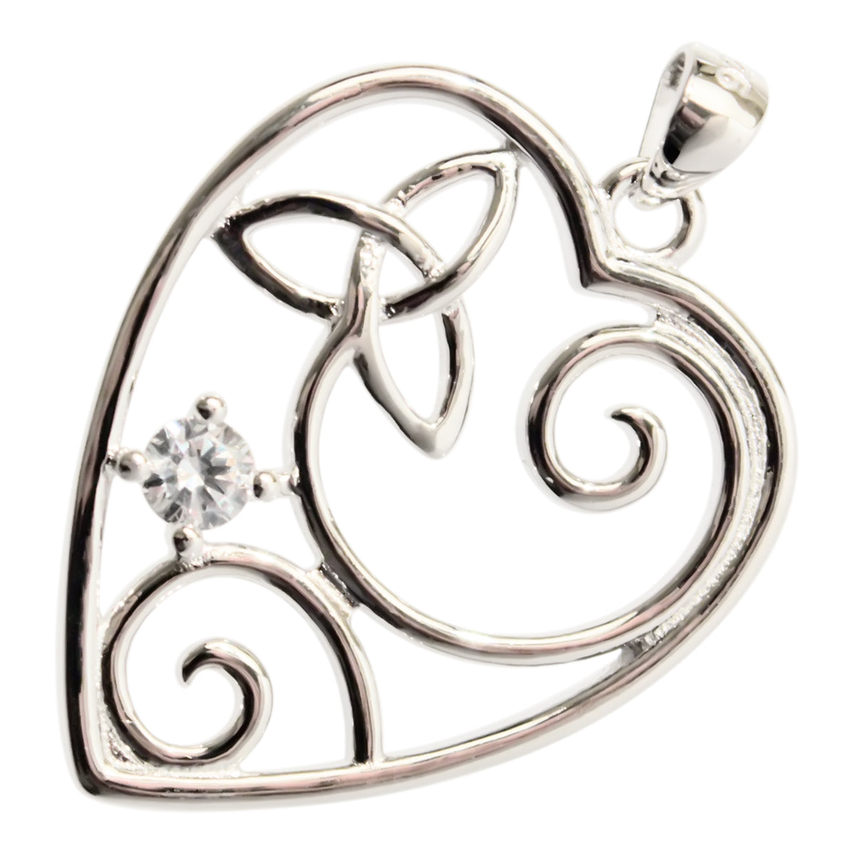925 Sterling Silver Filigree Heart Pendant Necklace with Celtic Trinity Knot and Stone