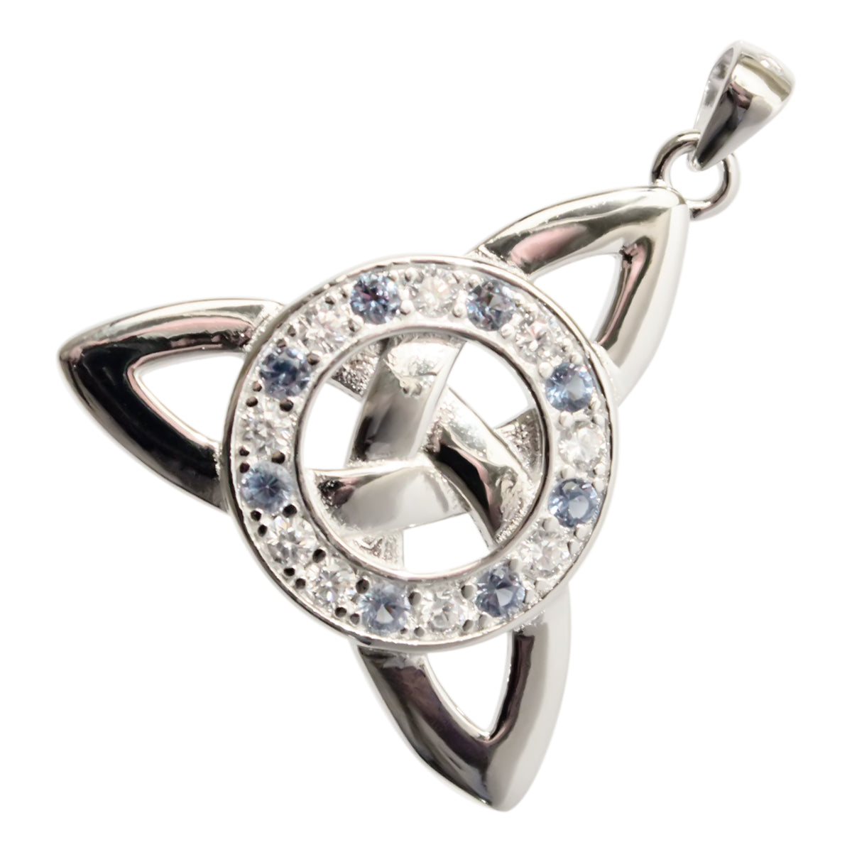 925 Sterling Silver Pendant Necklace with Celtic Trinity Knot and Circle Paved with Stones