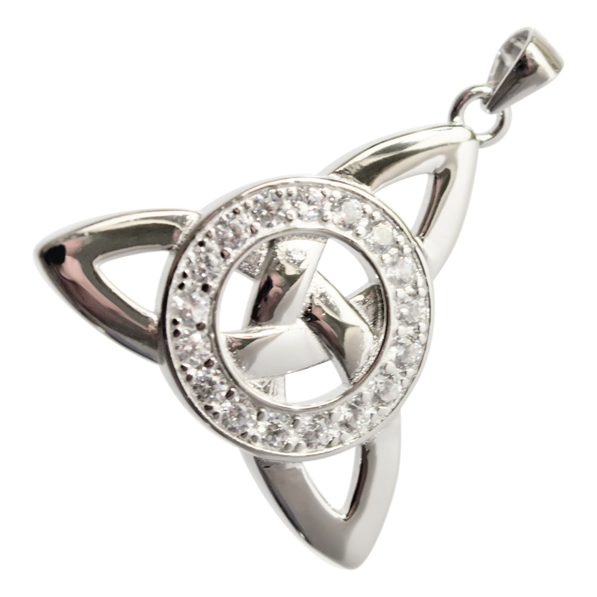 925 Sterling Silver Pendant Necklace with Celtic Trinity Knot and Circle Paved with Stones