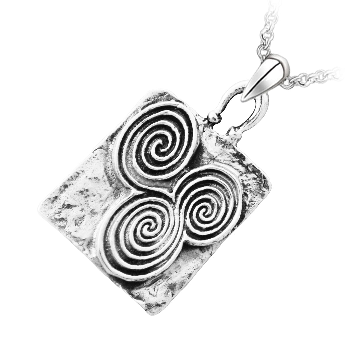 Celtic Newgrange Triple Circle Spirals Necklace in Precious Metal Coated Square Pendant