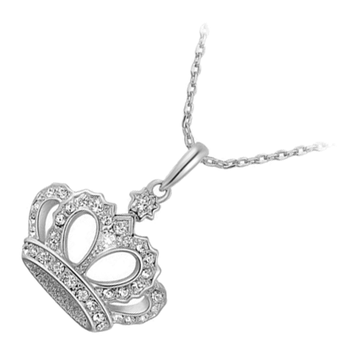 Precious Metal Coated Queen Crown Pendant Necklace Adorned with Diamond Clear Crystals