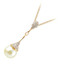 Precious Metal Coated Round White Pearl Pendant Necklace Featuring Double Pyramid of Diamond Clear Crystals