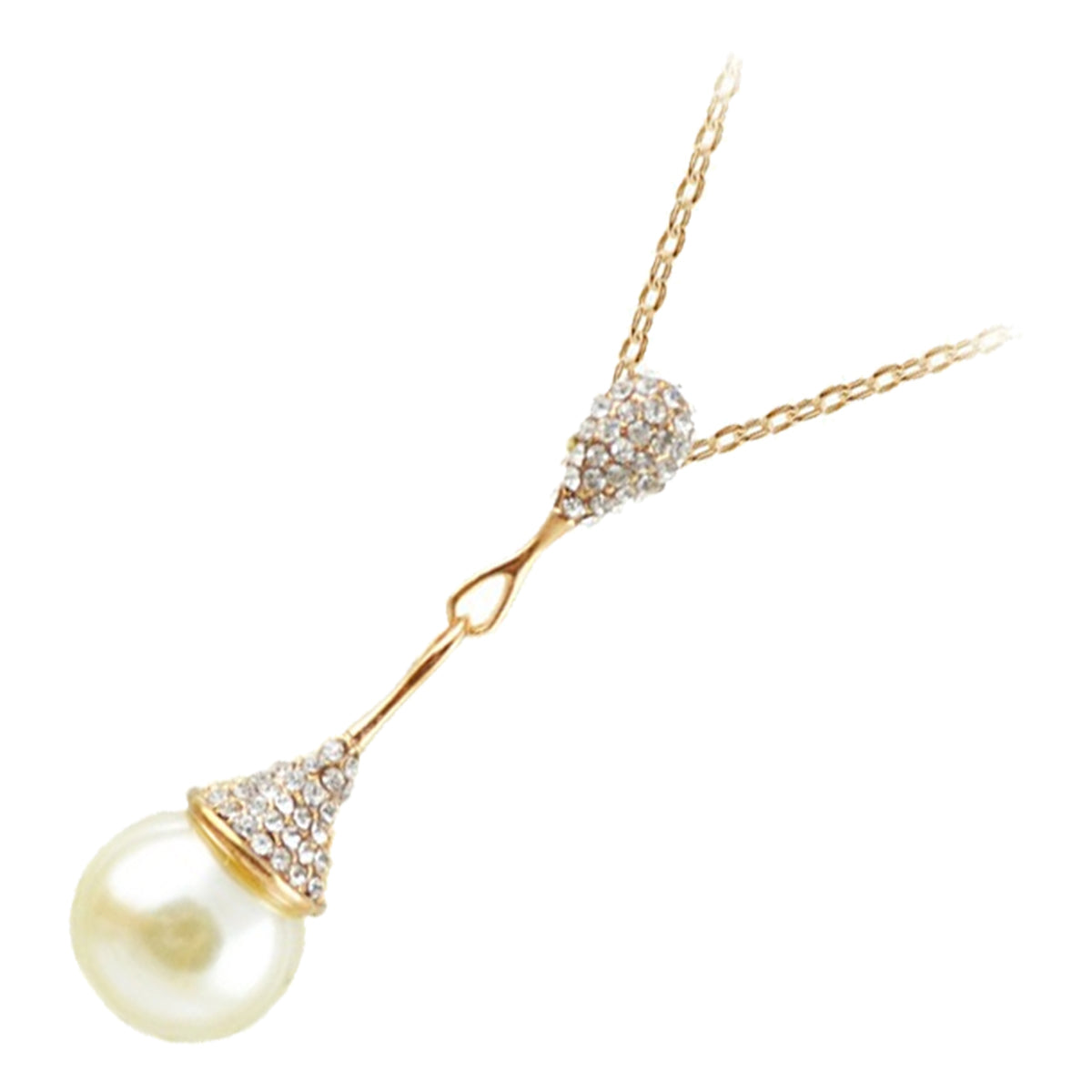 Precious Metal Coated Round White Pearl Pendant Necklace Featuring Double Pyramid of Diamond Clear Crystals