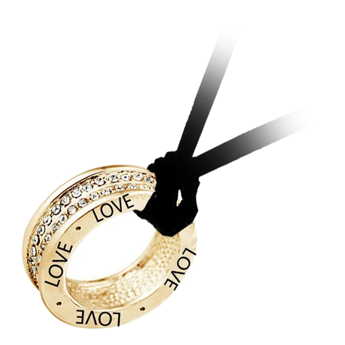 Precious Metal Coated Ring Pendant Necklace Featuring LOVE Letters and 2 Rows of Stones on Rope