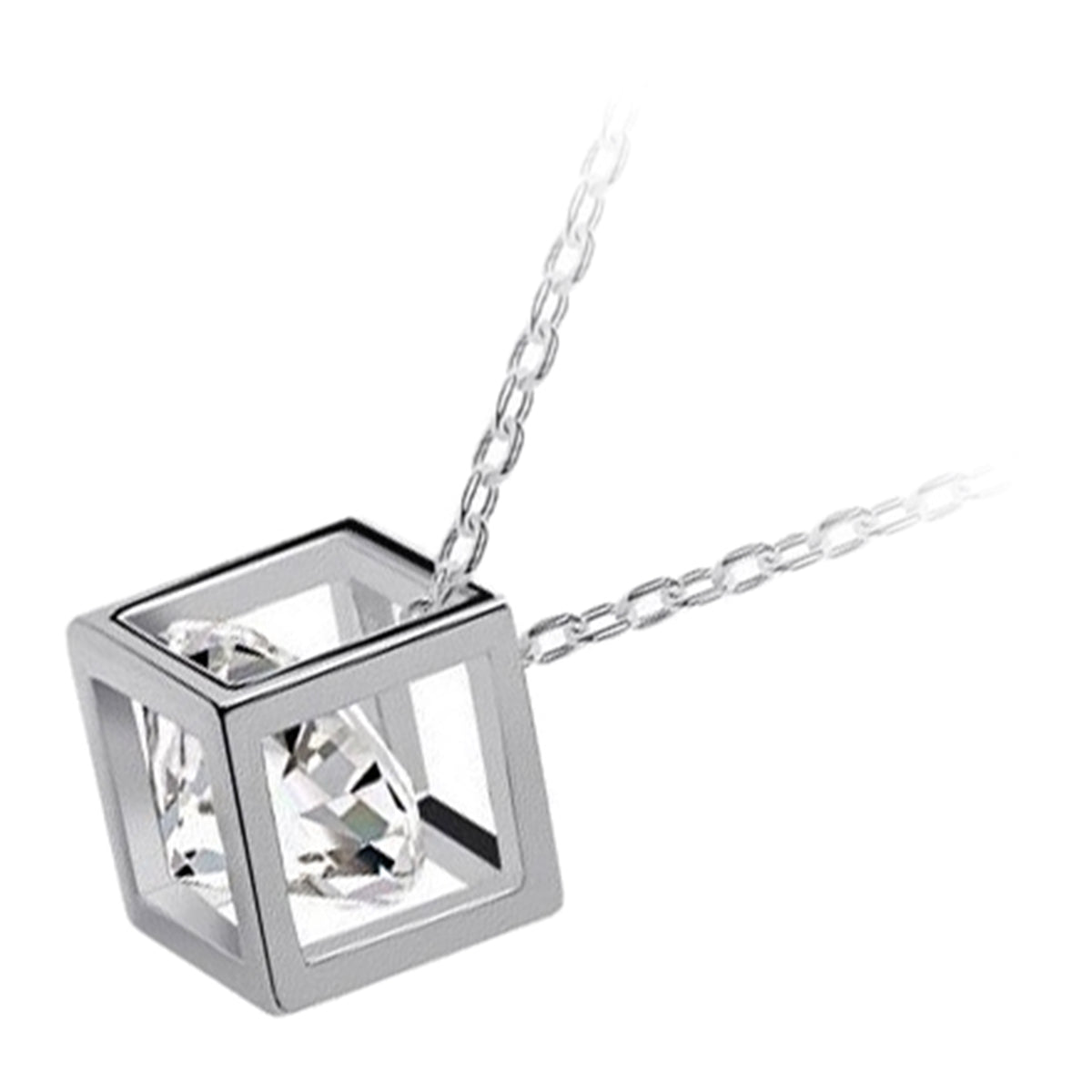 Precious Metal Coated Round Cut Clear CZ Stone Pendant Necklace with Intricate Cube Design