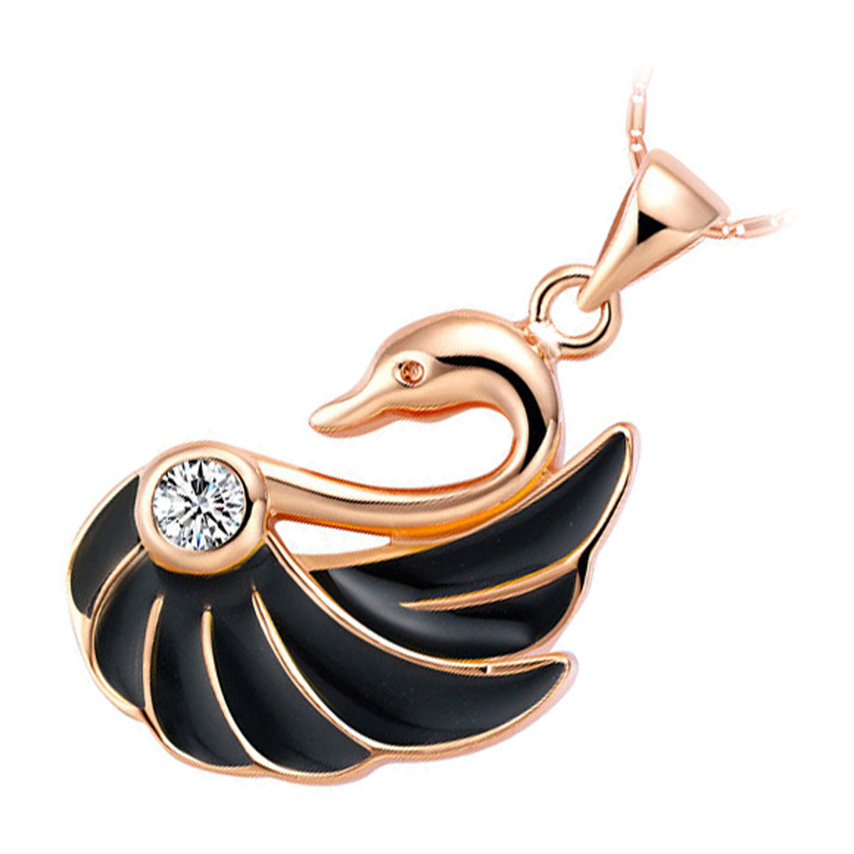 Precious Metal Coated Black Wings Swan Pendant Necklace Adorned with Diamond Clear Crystal