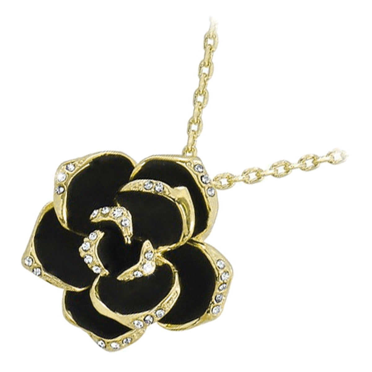 Precious Metal Coated Rosebud Flower Pendant Necklace with Black Leaves Graced with Diamond Clear Crystals