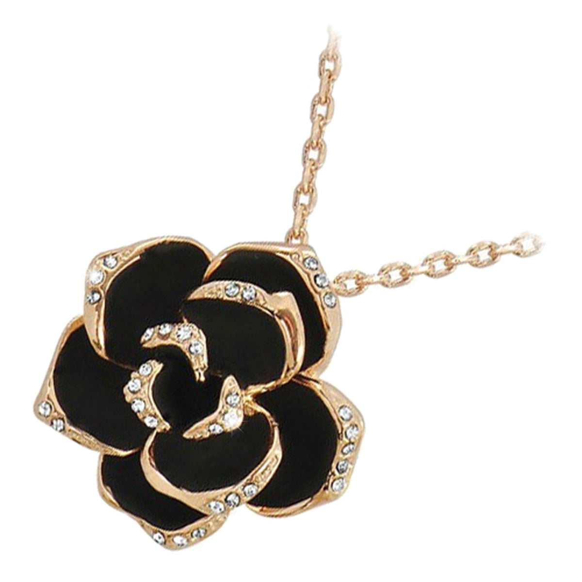Precious Metal Coated Rosebud Flower Pendant Necklace with Black Leaves Graced with Diamond Clear Crystals