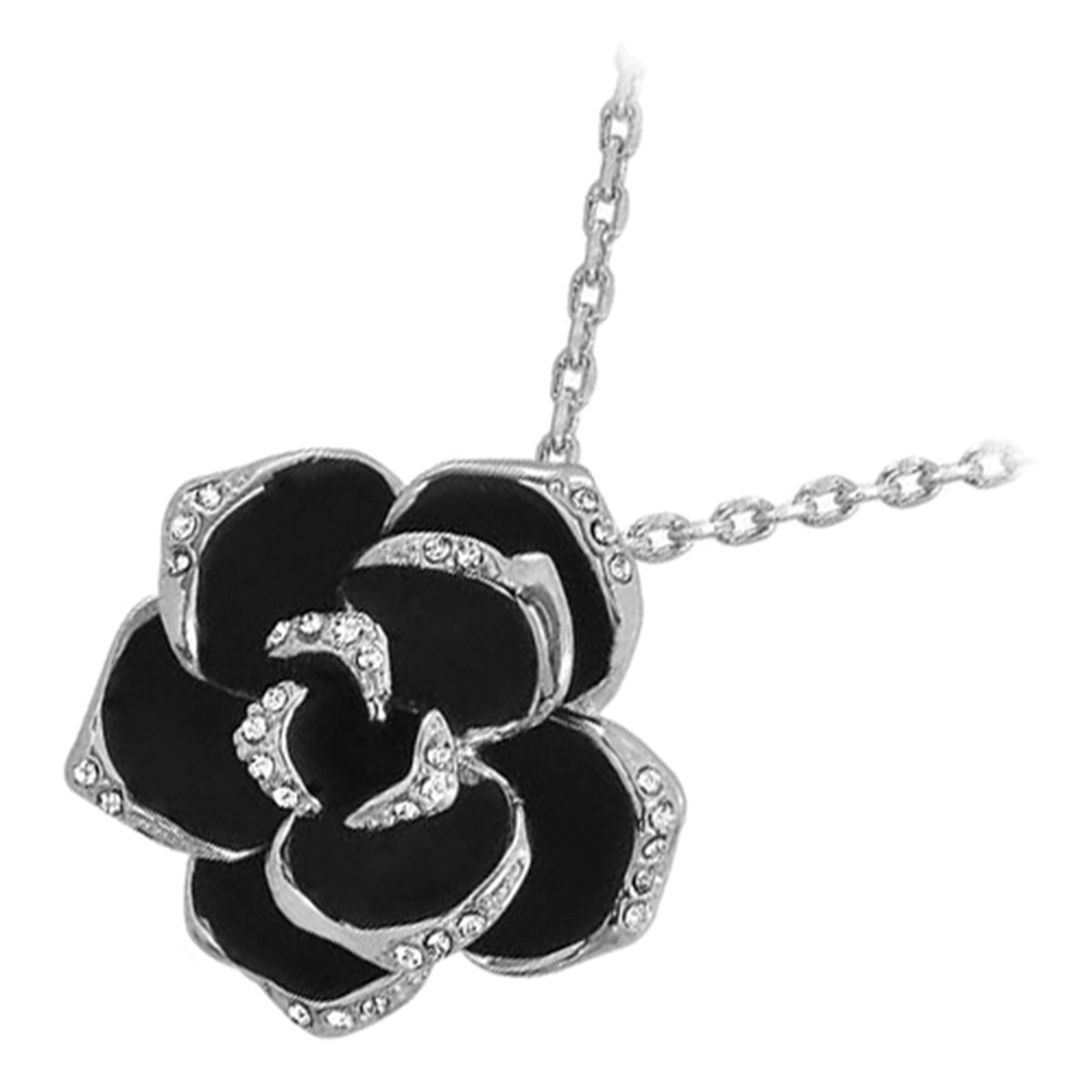Precious Metal Coated Rosebud Flower Pendant Necklace with Black Leaves Graced with Diamond Clear Crystals