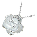 Precious Metal Coated White Rosebud Flower Pendant Necklace with Diamond Crystals