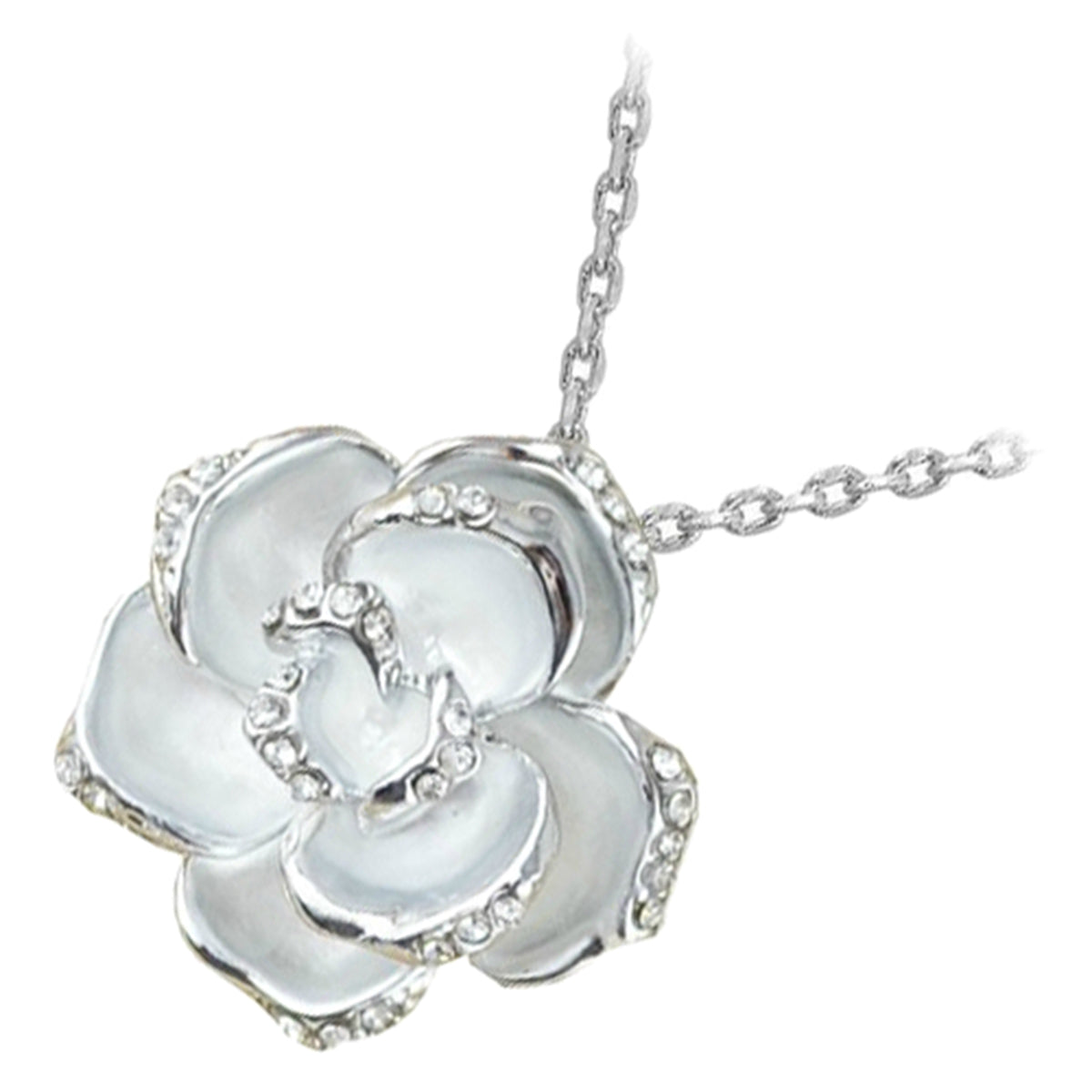 Precious Metal Coated White Rosebud Flower Pendant Necklace with Diamond Crystals