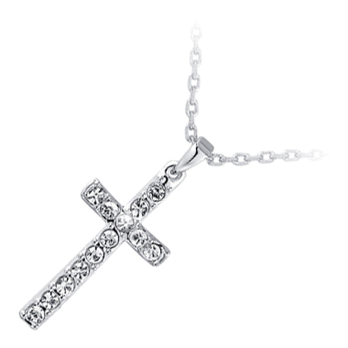 Precious Metal Coated Cross Pendant Necklace Adorned with Brilliant Clear Stones