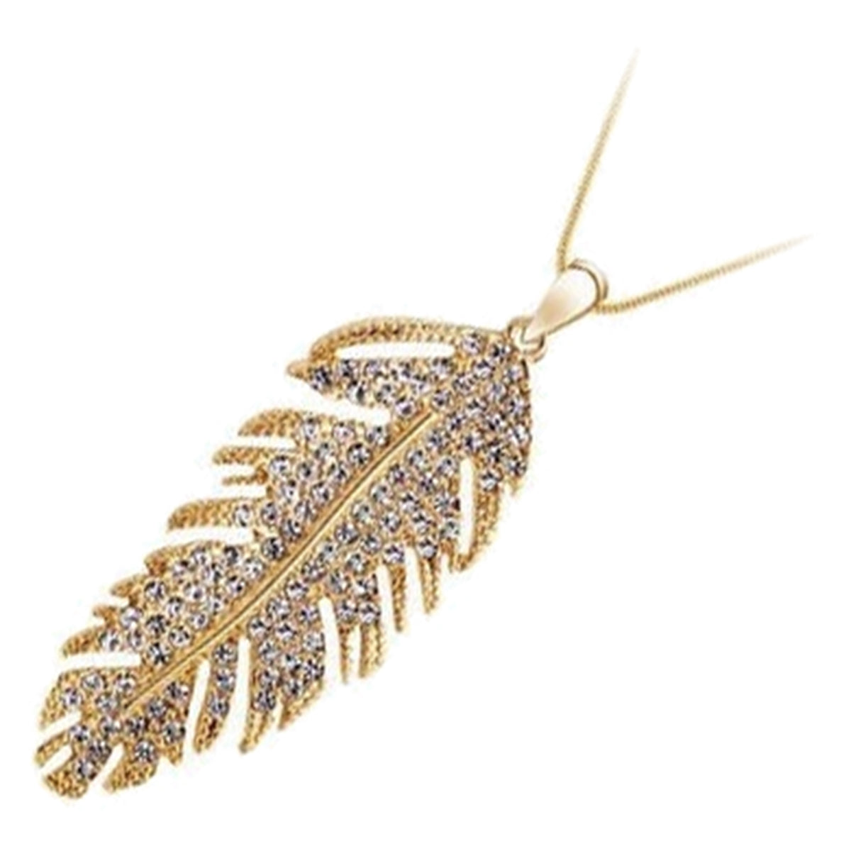Precious Metal Coated Bird Feather Pendant Necklace with White Stone Embellishments