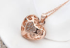 Precious Metal Coated Filigree Heart Pendant Necklace with Sparkling Diamond Clear Crystals - 18ct Rose Gold