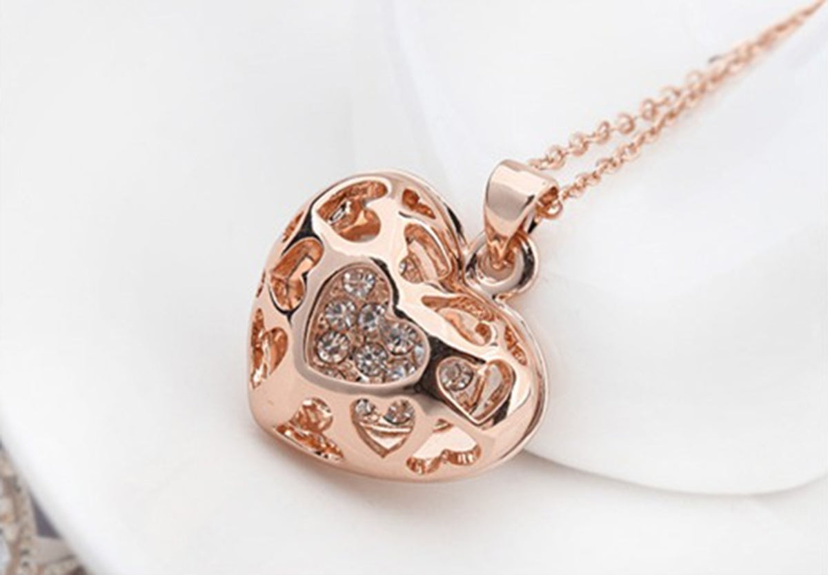 Precious Metal Coated Filigree Heart Pendant Necklace with Sparkling Diamond Clear Crystals - 18ct Rose Gold