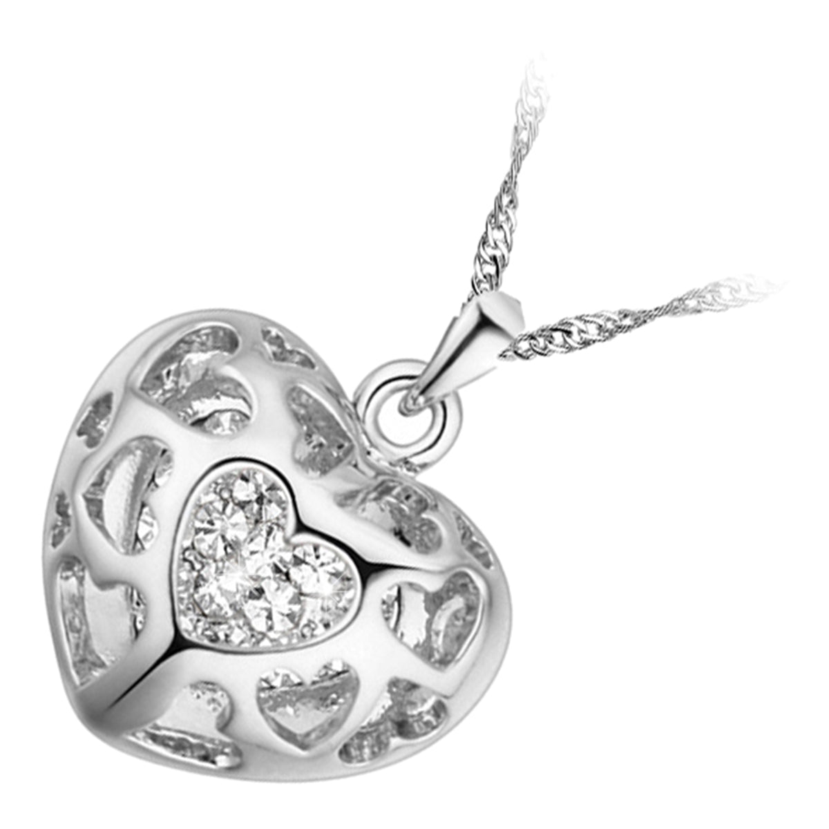 Precious Metal Coated Filigree Heart Pendant Necklace with Sparkling Diamond Clear Crystals