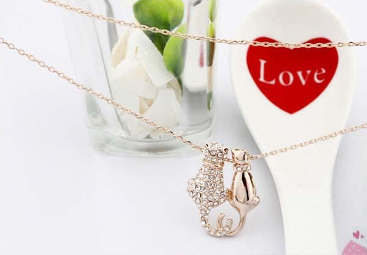 Precious Metal Coated Cat Couple Pendant Necklace with Sparkling Diamond Clear Stones - 18ct Yellow Gold