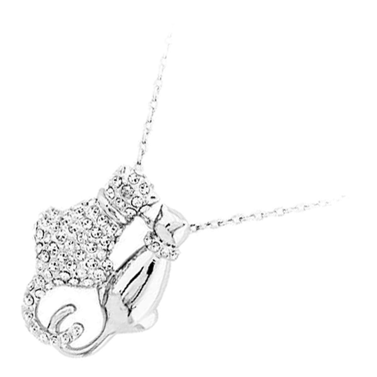 Precious Metal Coated Cat Couple Pendant Necklace with Sparkling Diamond Clear Stones